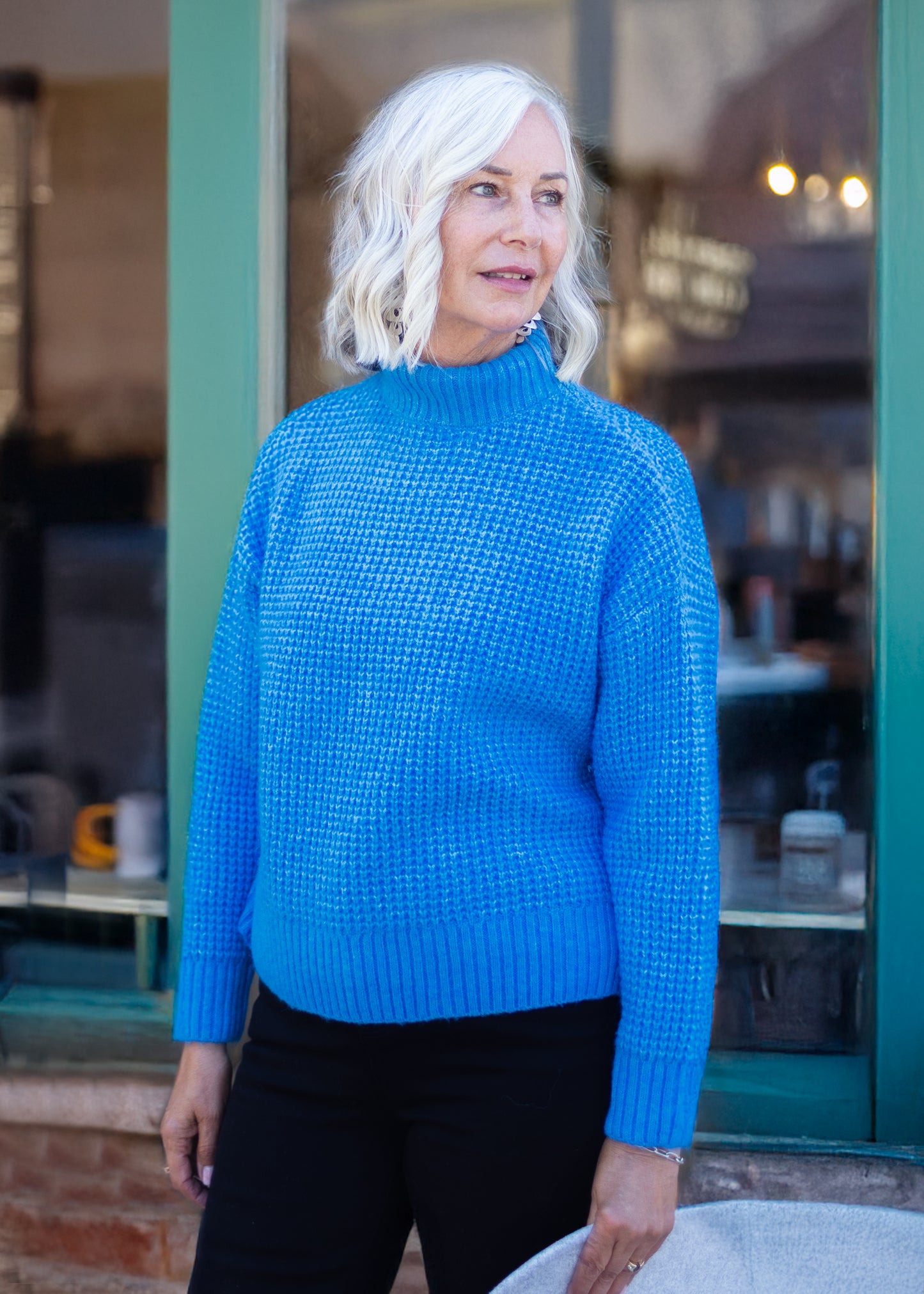 Waffle Knit Turtleneck Sweater in Blue