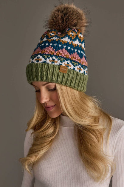 Green, Blue, Pink & Brown Patterned Pom Hat