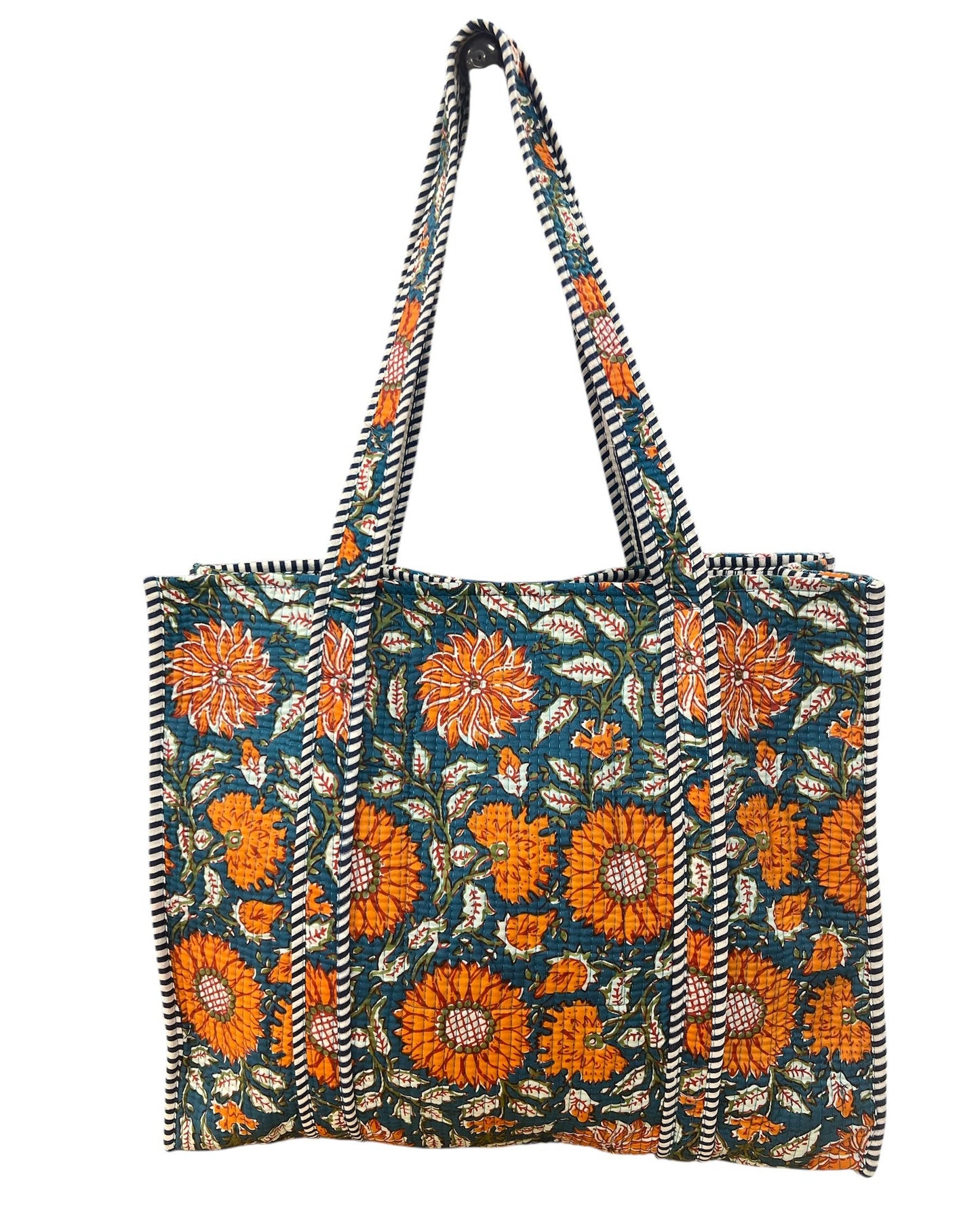 Quilted Cotton Bag in Blue & Orange Floral