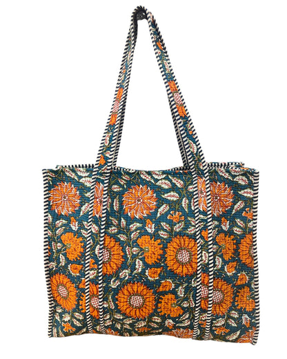 Quilted Cotton Bag in Blue & Orange Floral