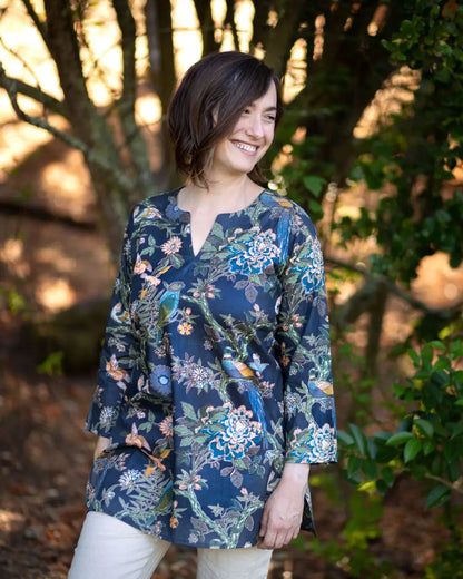 Cotton Tunic Top in Navy Bird Print