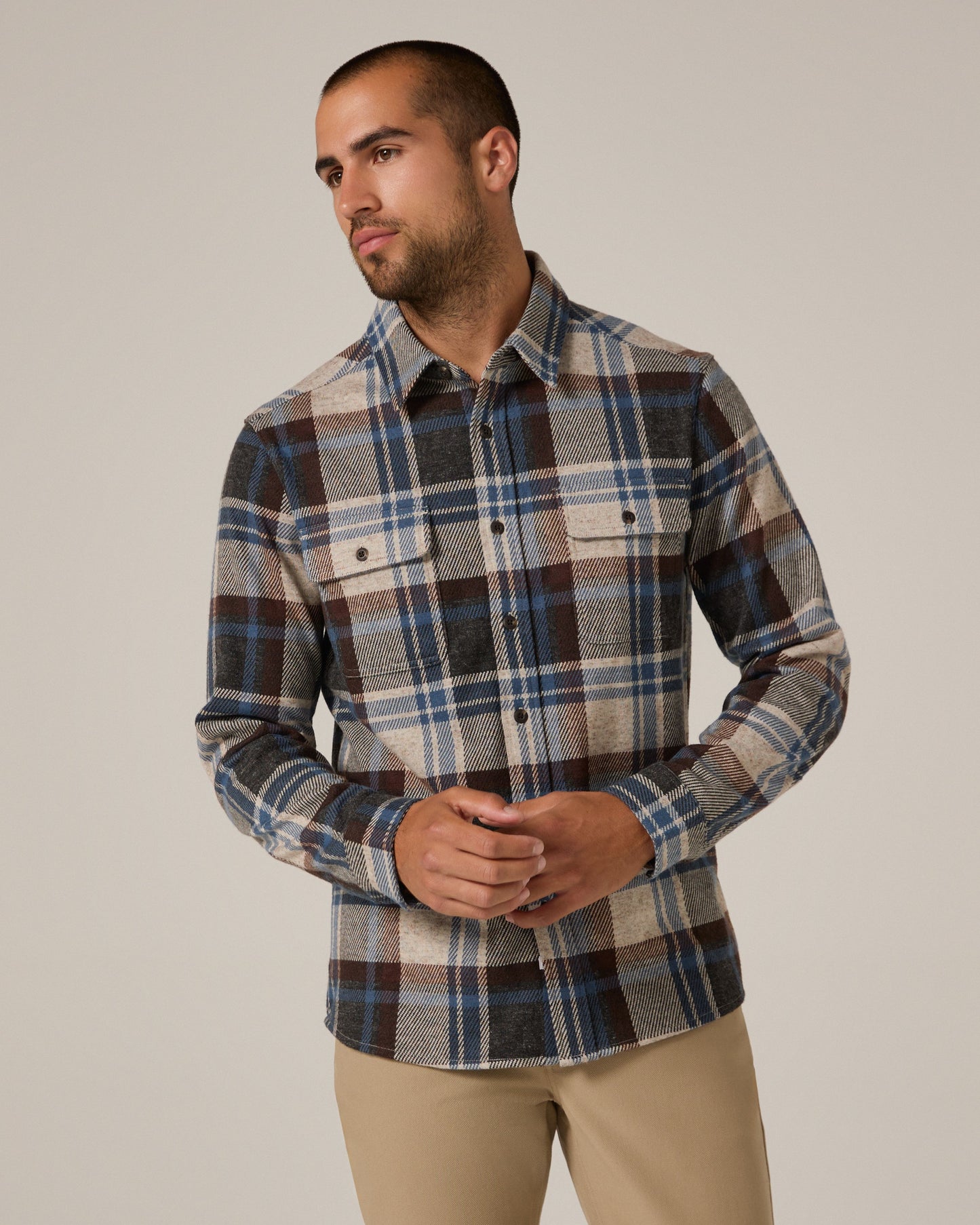 Generation Knit Shirt in Brown & Blue Plaid
