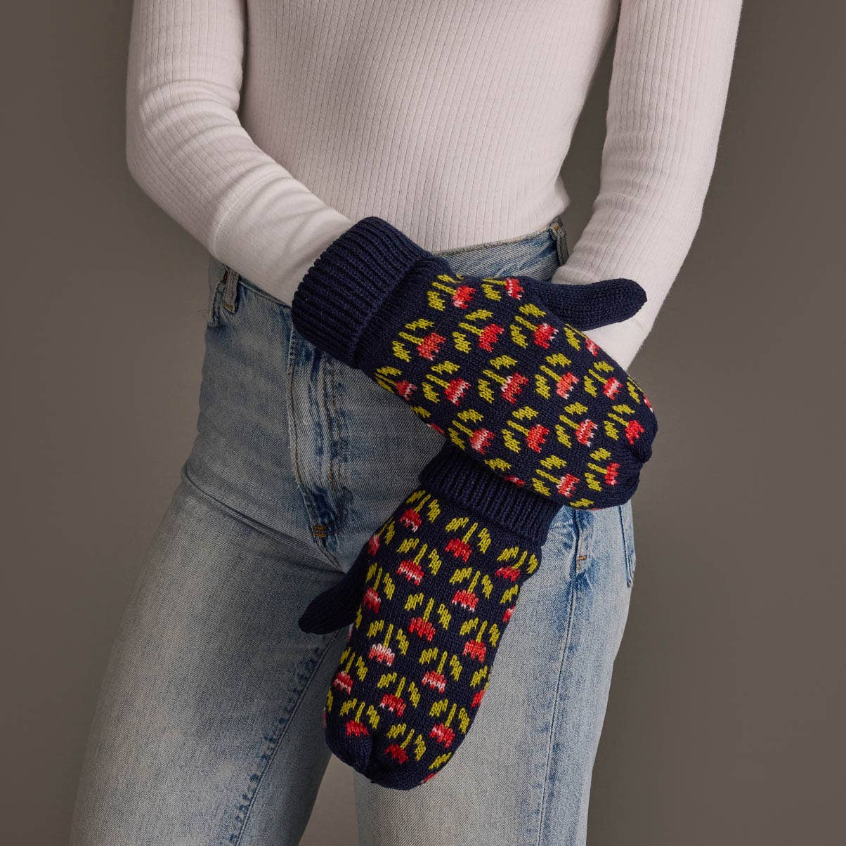 Navy Small Floral Pattern Mittens