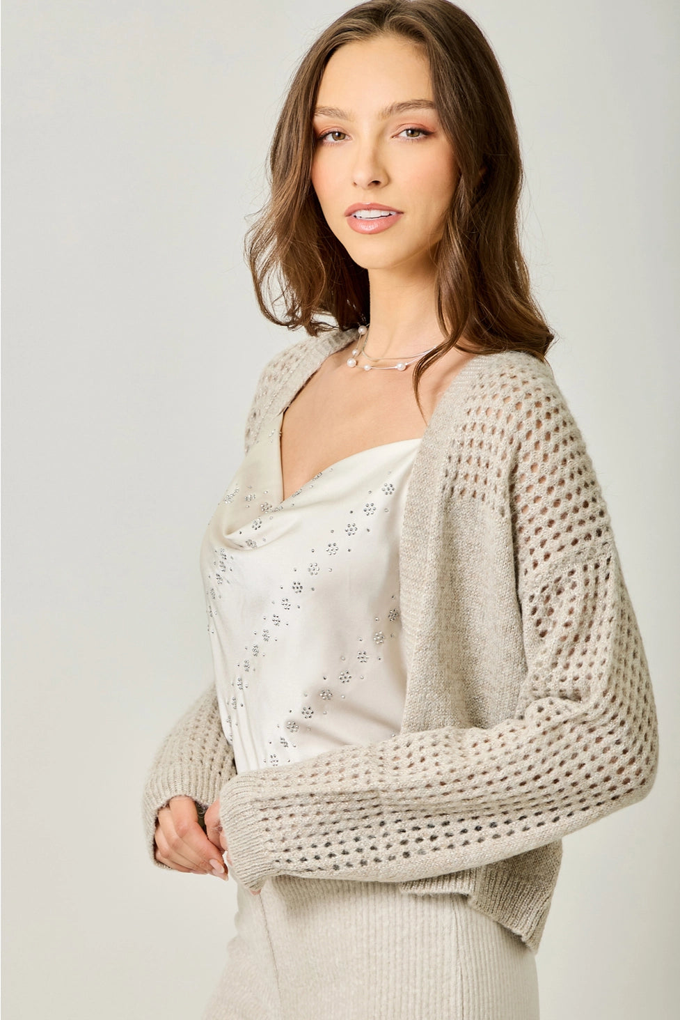 Metallic Open Cardigan in Champagne