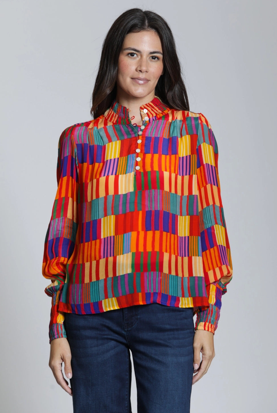 High Collar Blouse in Multicolor Geo Print | APNY