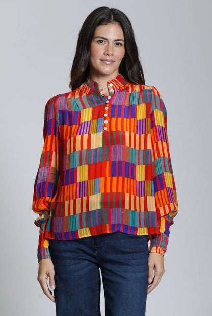 High Collar Blouse in Multicolor Geo Print | APNY