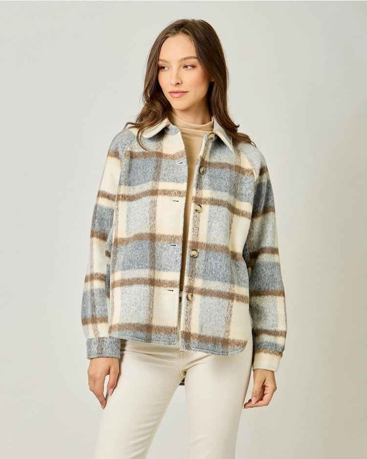Brushed Shirt Jacket in Blue & Cream Plaid