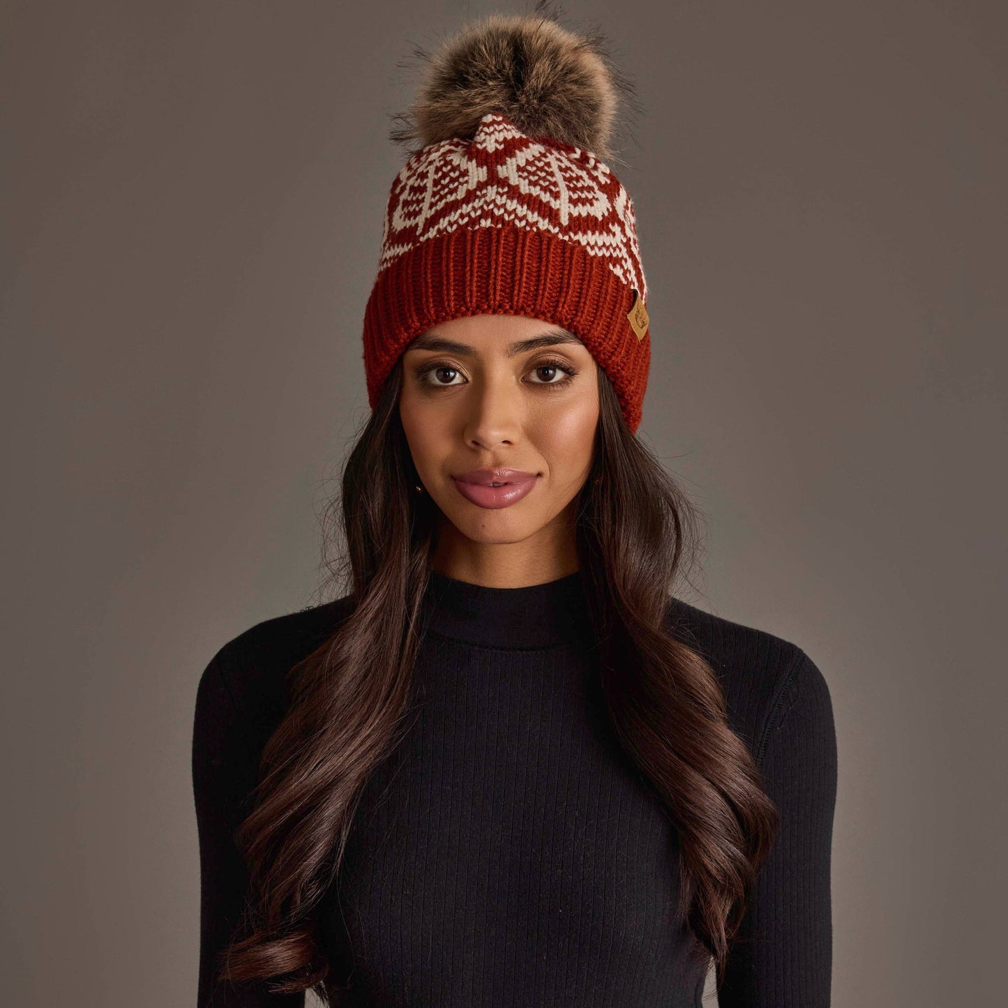 Rust & Beige Patterned Pom Hat