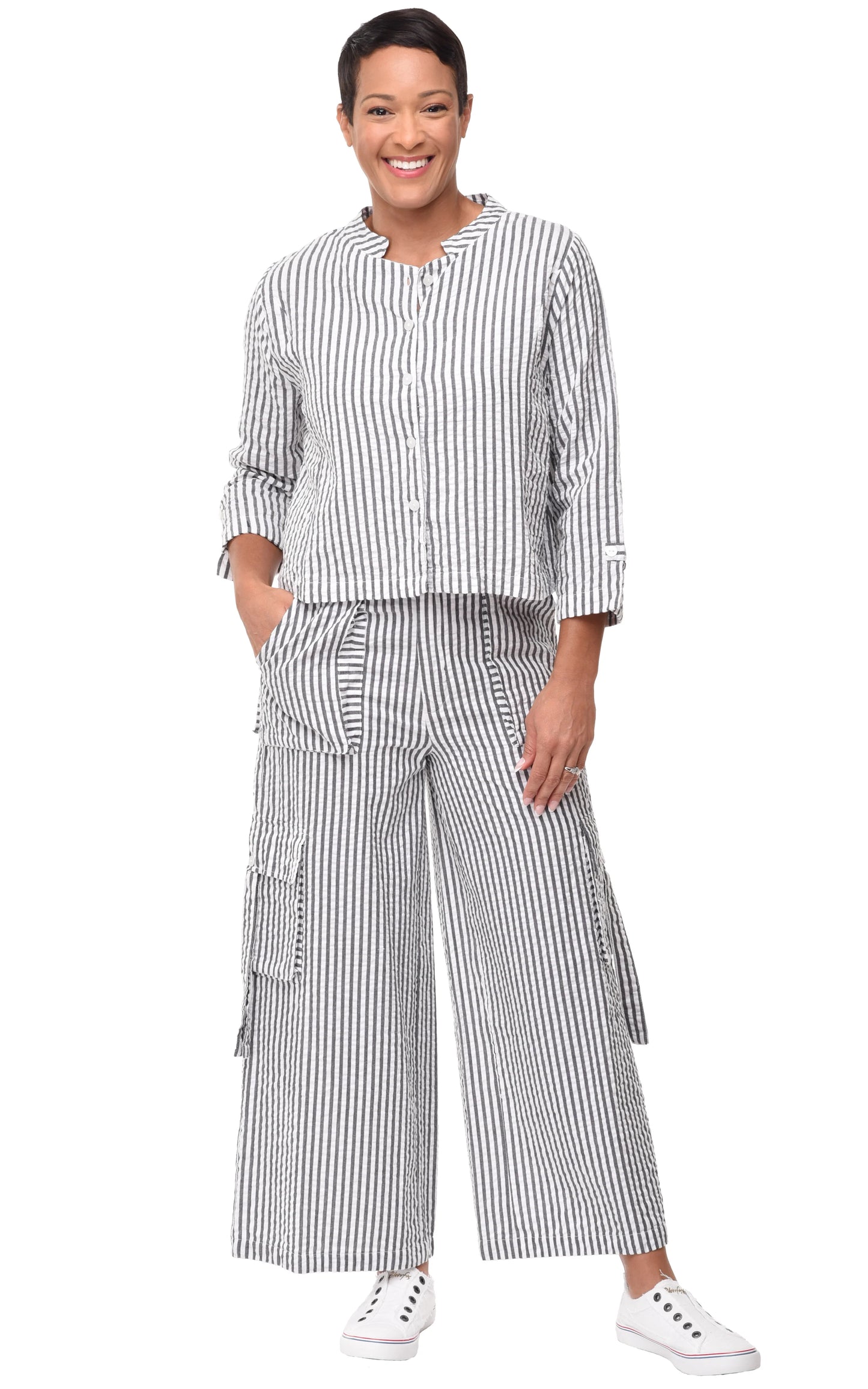 Calista Pant in Gray Seersucker Stripe | Tulip