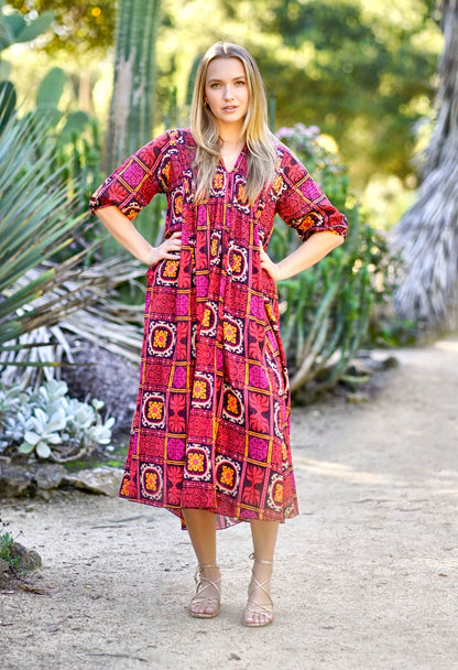 Skye Cotton Dress in Red Geo Print