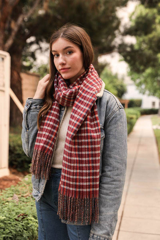 Cozy Burgundy Tartan Tassel Scarf
