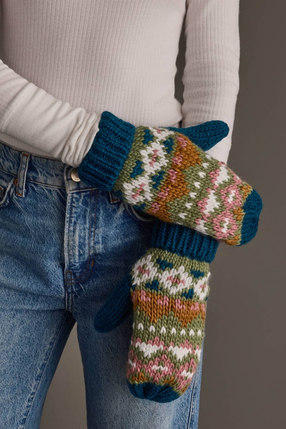 Blue, Green, Pink & Brown Patterned Mittens