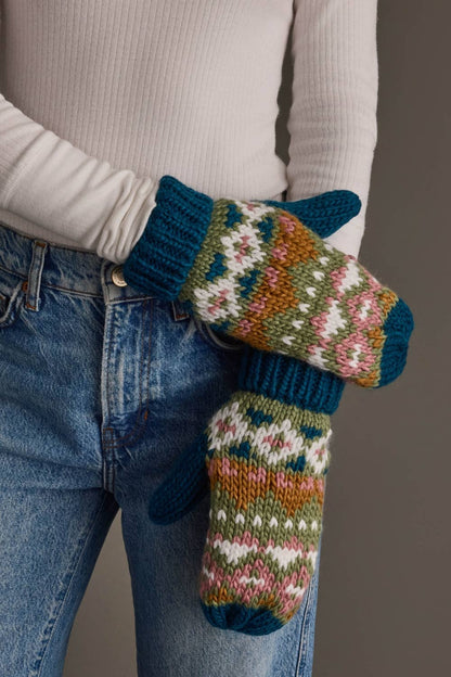 Blue, Green, Pink & Brown Patterned Mittens