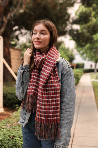 Cozy Burgundy Tartan Tassel Scarf