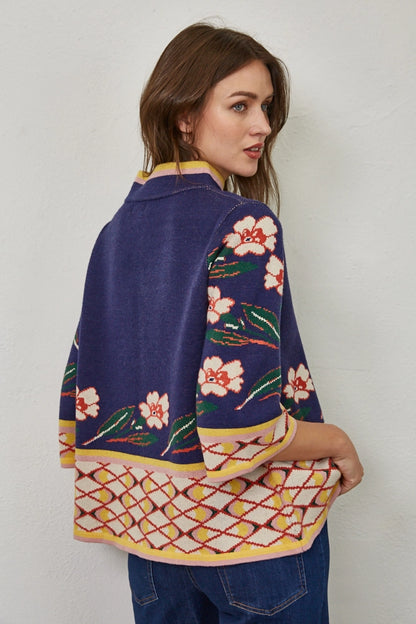 Jacquard Knit Mock Neck Sweater in Navy