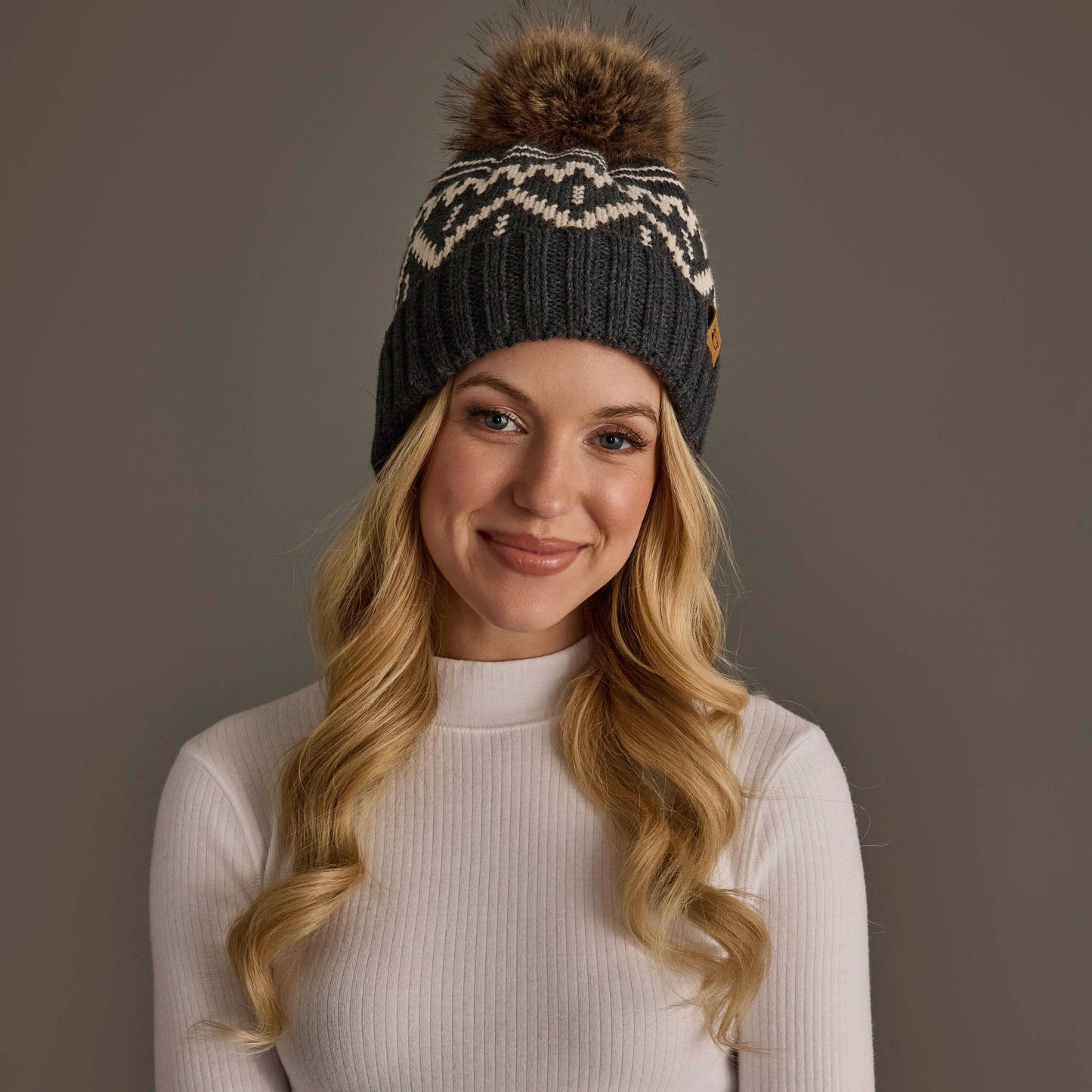 Charcoal & Beige Patterned Pom Hat
