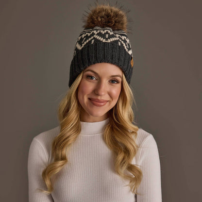 Charcoal & Beige Patterned Pom Hat