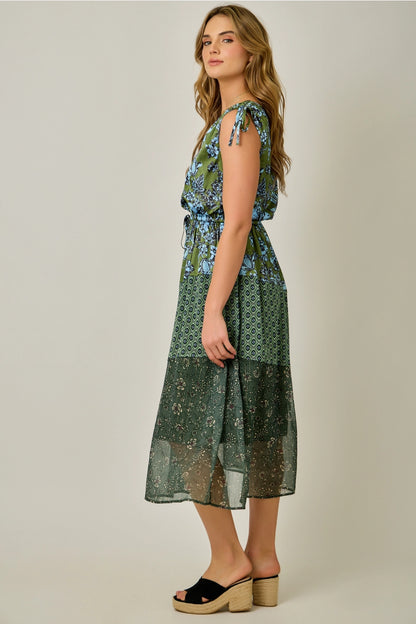 Mixed Print Floral Dress in Emerald