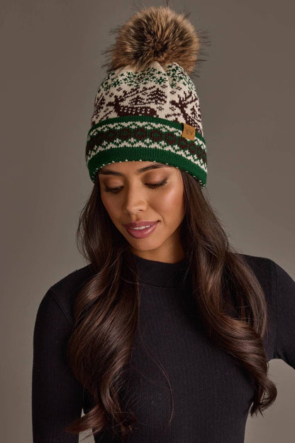Cream Deer Winter Pattern Pom Hat