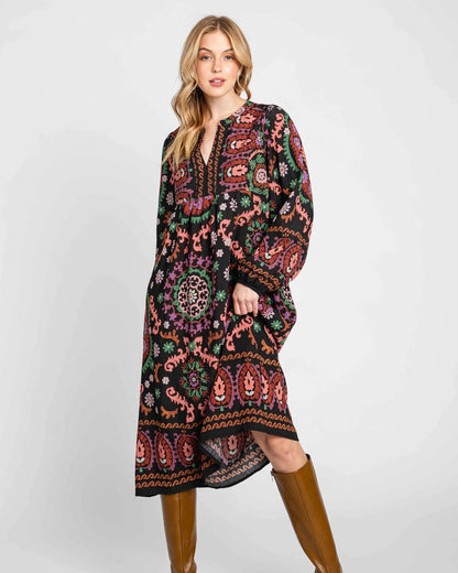 Colorful Medallion Blouson Sleeve Dress