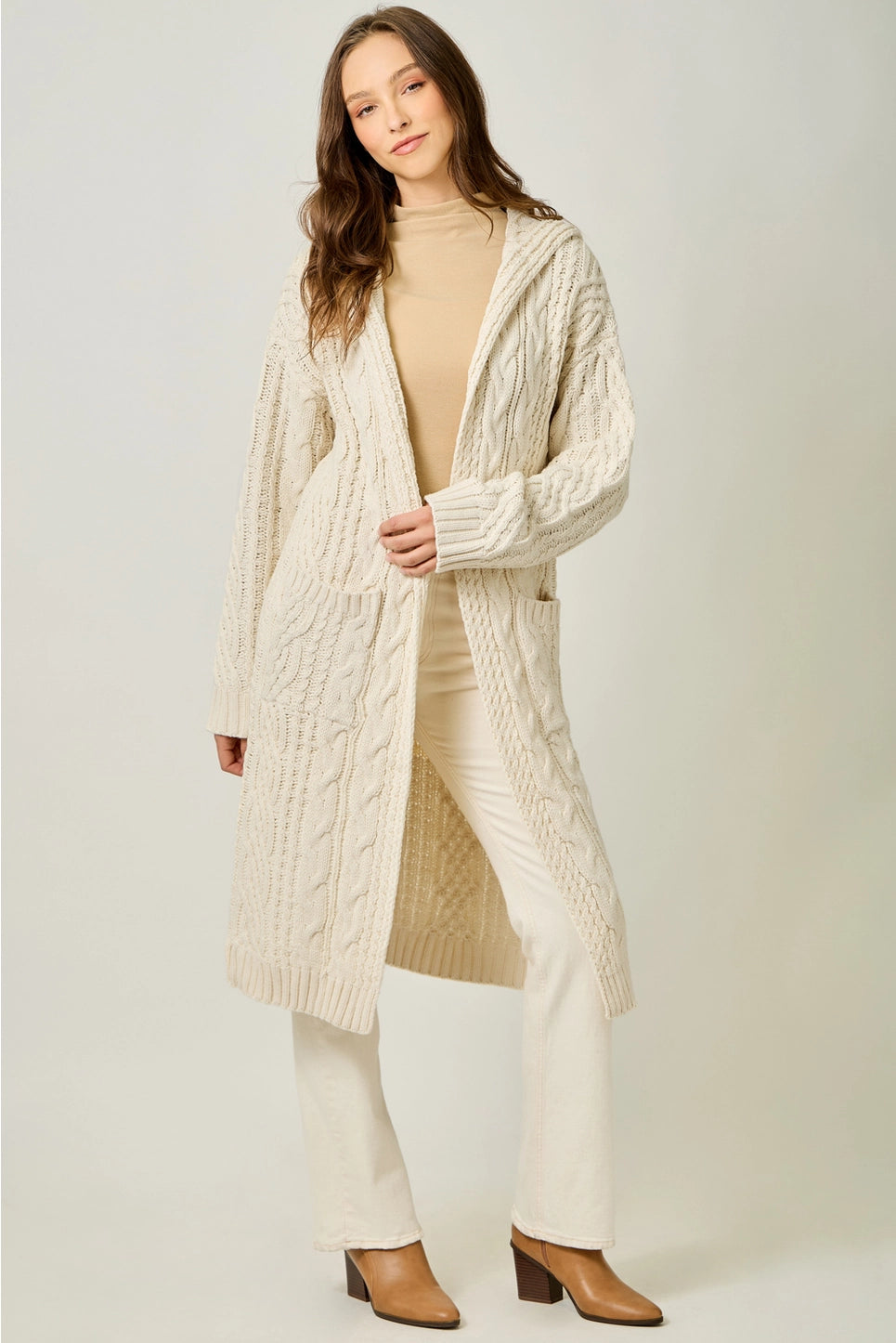 Long Cable Knit Cardigan in Almond