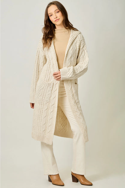 Long Cable Knit Cardigan in Almond