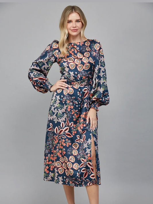 Balloon Sleeve Midi Dress in Peacock