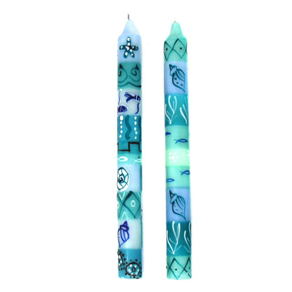Teal Blue Hand-Painted Taper Candles Pair