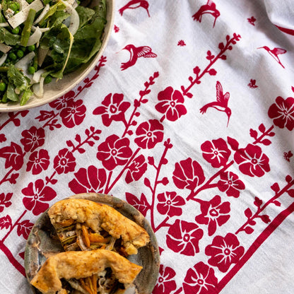 Raspberry Hummingbirds Flour Sack Tea Towel