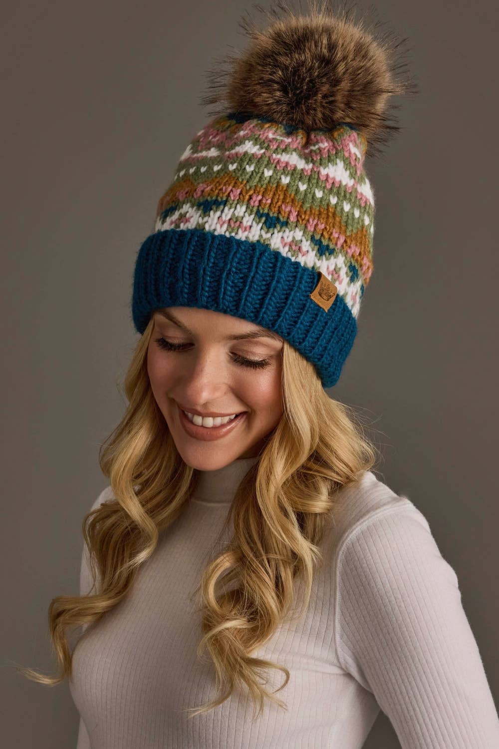 Blue, Green, Pink & Brown Patterned Pom Hat
