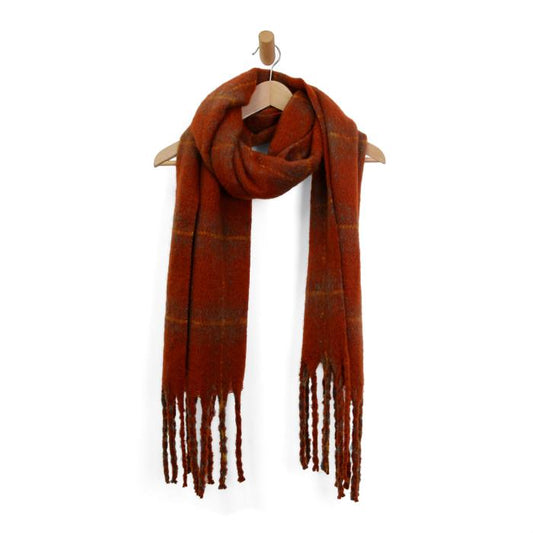 Cozy Plaid Fringe Scarf in Spice