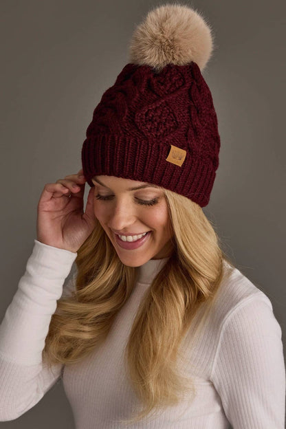 Burgundy Cable Knit Pom Hat