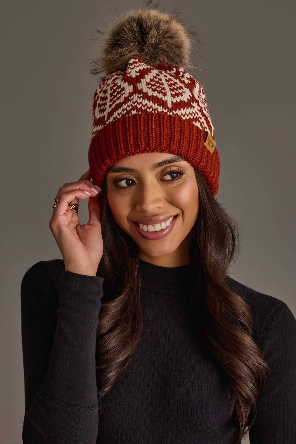 Rust & Beige Patterned Pom Hat