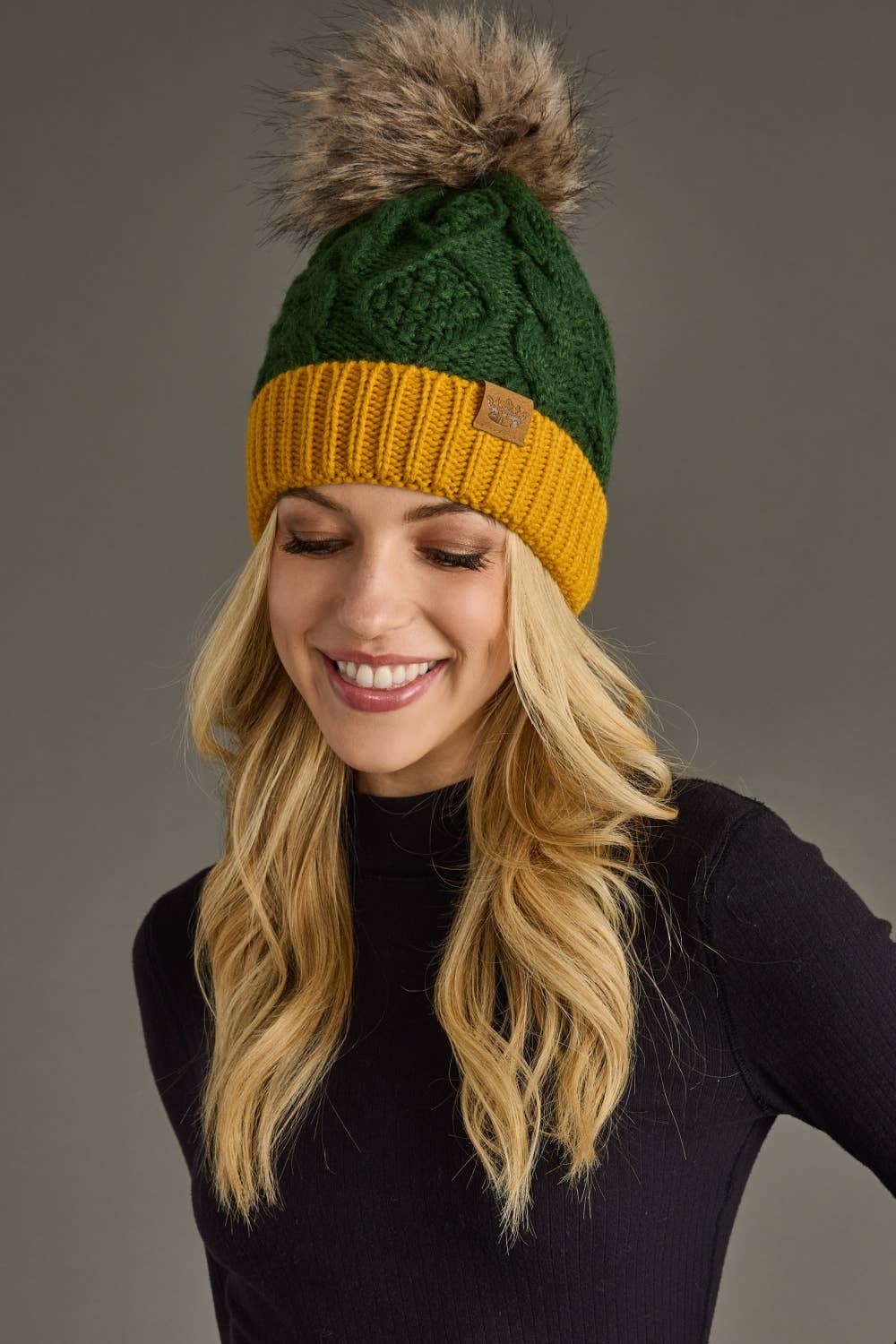 Green & Gold Cable Knit Pom Hat