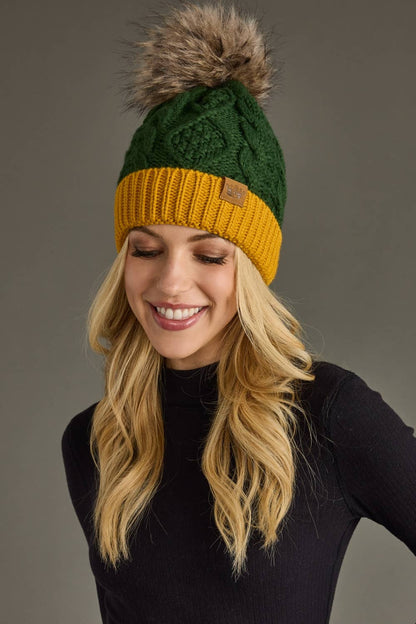 Green & Gold Cable Knit Pom Hat