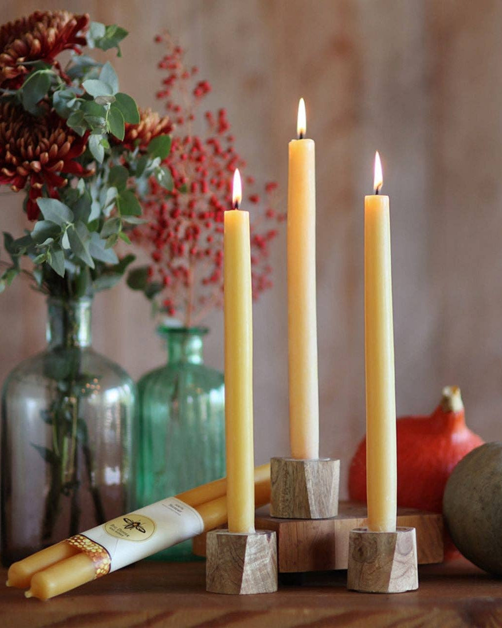 Set of Two Beeswax Taper Candles in Teal