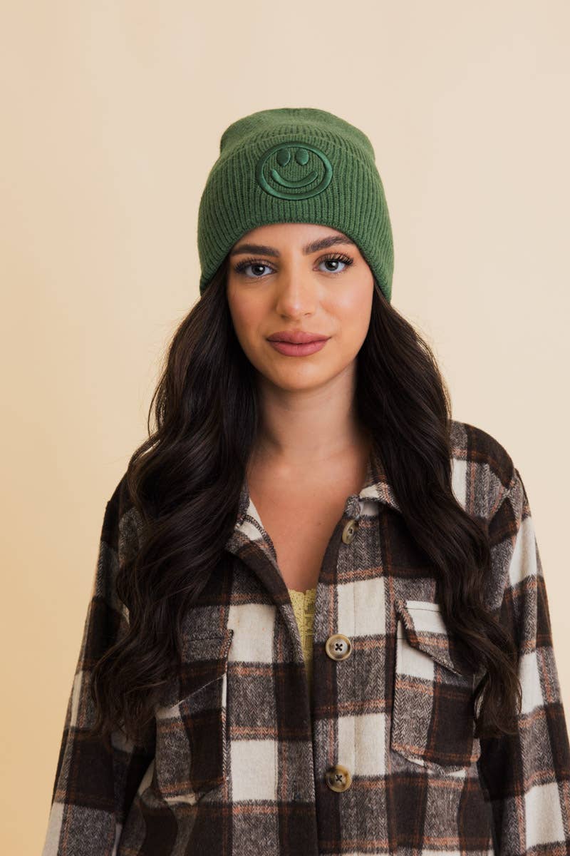 Happy Face Embroidered Beanie in Green