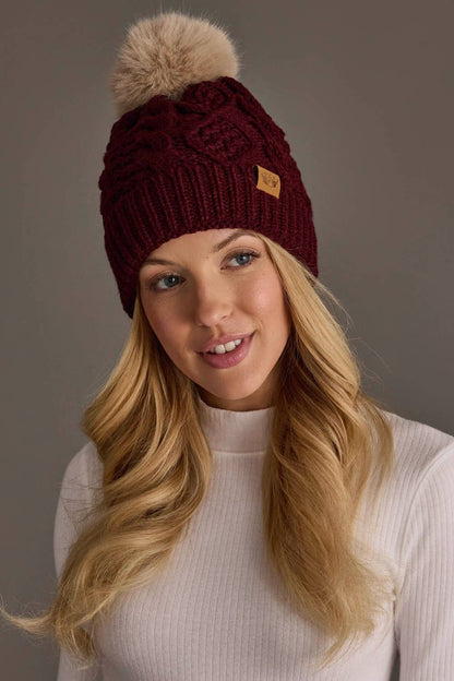 Burgundy Cable Knit Pom Hat