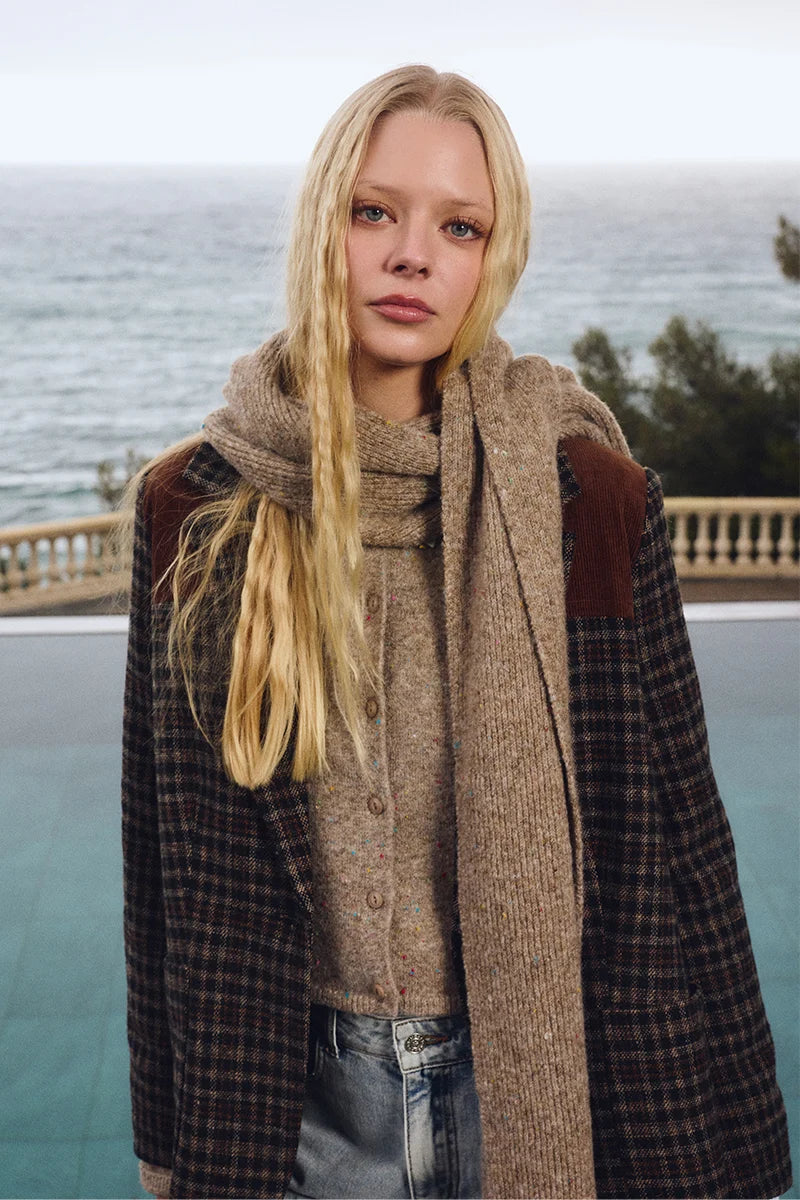 Knitted Sequin Scarf in Beige