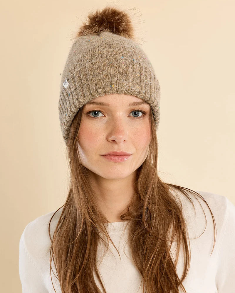 Pompom Knit Sequin Beanie in Beige