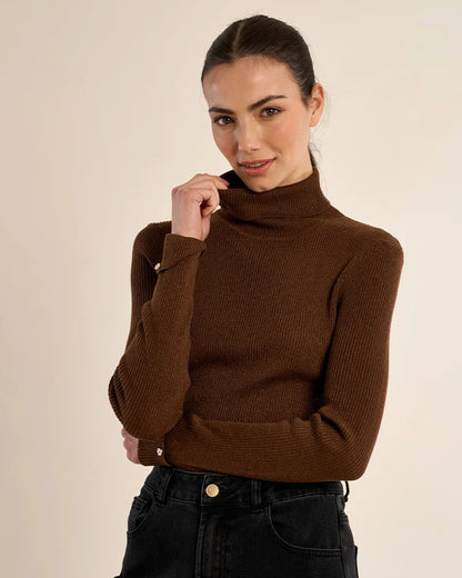 Ribbed Knit Turtleneck Sweater in Chocolate
