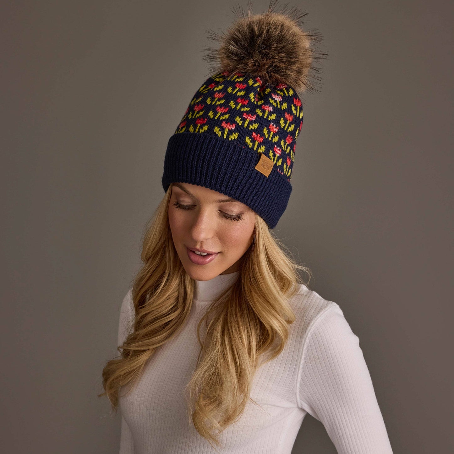 Navy Small Floral Pattern Pom Hat