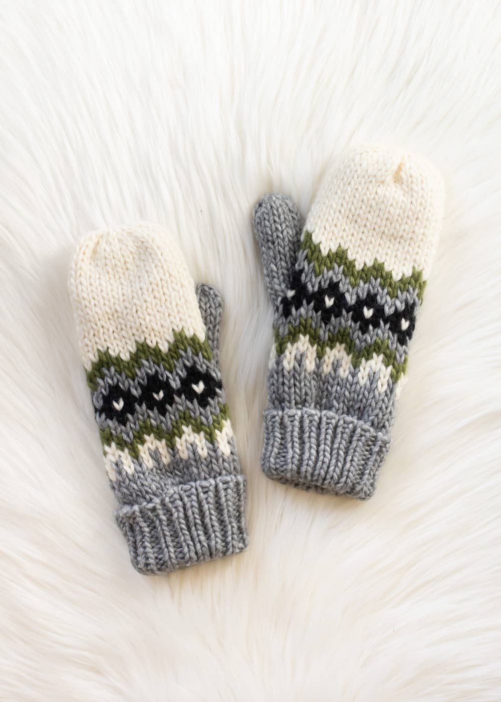 Cream, Green, & Gray Patterned Mittens