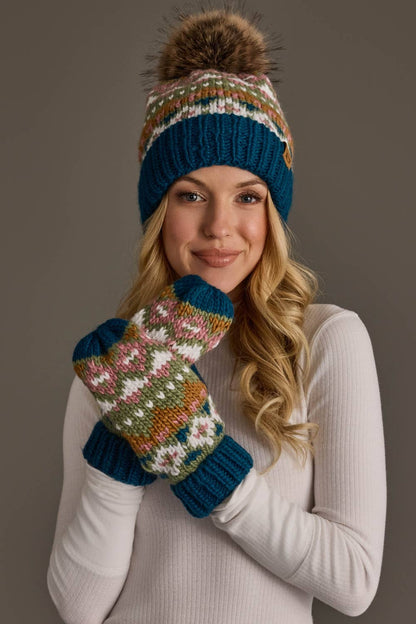 Blue, Green, Pink & Brown Patterned Mittens