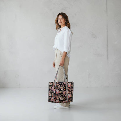 Quilted Cotton Bag in Black & Pink Floral