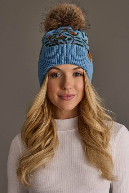 Blue Floral Pattern Pom Hat