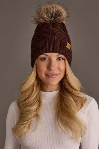 Dark Brown Cable Knit Pom Hat