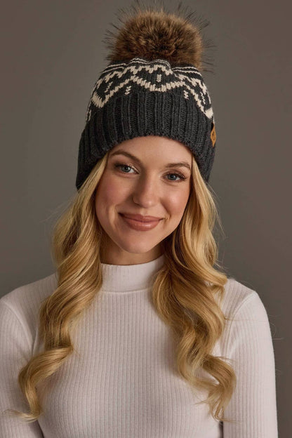 Charcoal & Beige Patterned Pom Hat
