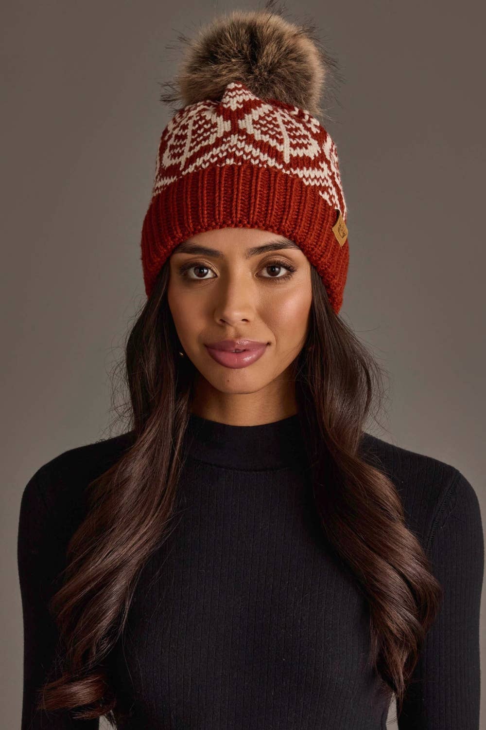 Rust & Beige Patterned Pom Hat