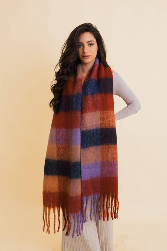 Cozy Oversized Fringe Scarf in Red Plaid